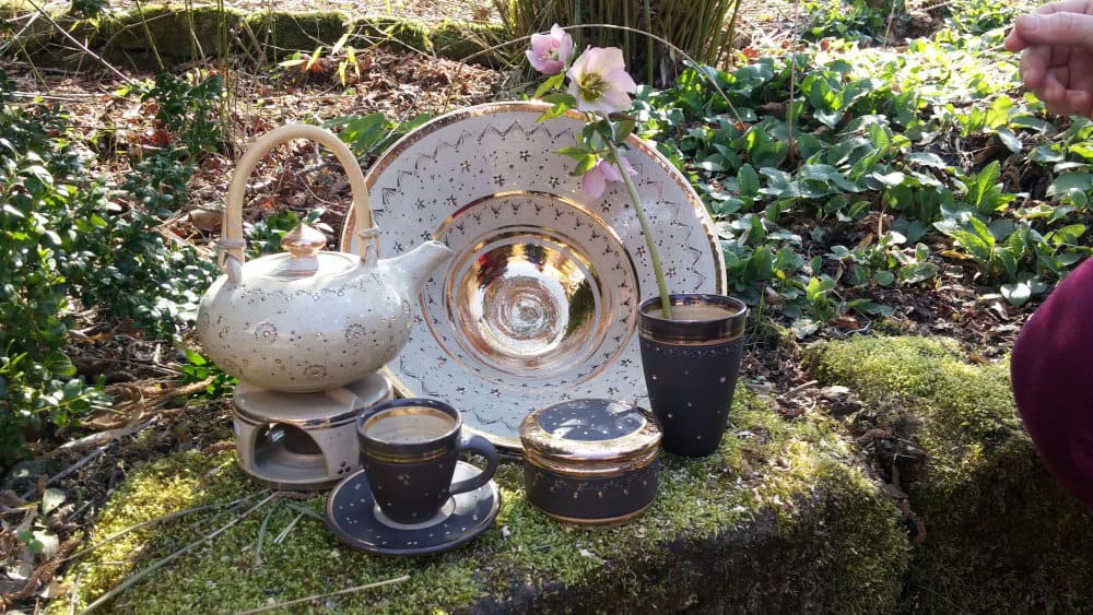 Töpferei Drehwurm Geschirr Gold Teekanne Tasse Espressotasse Becher